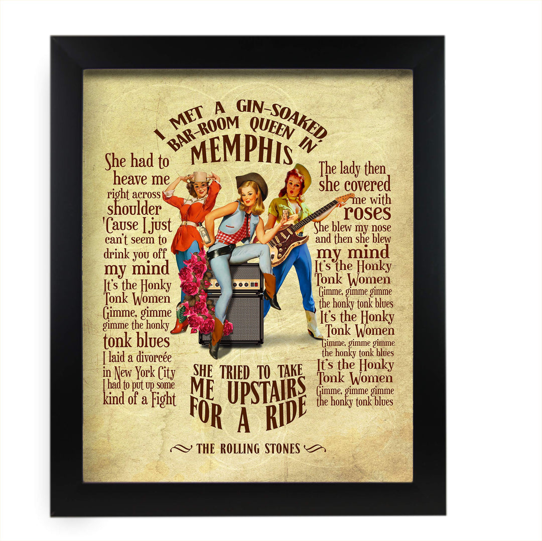 Rolling Stones-"Honky Tonk Women"-Song Lyric Wall Art Sign -11 x 14" Distressed Typographic Music Print-Ready to Frame. Home-Studio-Bar-Man Cave Decor. Perfect for Stones &amp; All Rock Music Fans!