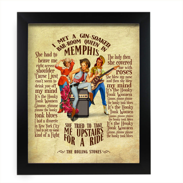 Rolling Stones-"Honky Tonk Women"-Song Lyric Wall Art Sign -11 x 14" Distressed Typographic Music Print-Ready to Frame. Home-Studio-Bar-Man Cave Decor. Perfect for Stones &amp; All Rock Music Fans!