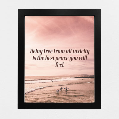 Being Free From Toxicity-Best Peace You'll Feel-Inspirational Quotes Wall Art-10 x 8"-Beach Sunset Print w/Surfers & Ocean Photo-Ready to Frame. Spiritual Home-Office-Studio Decor. Great Zen Gift!