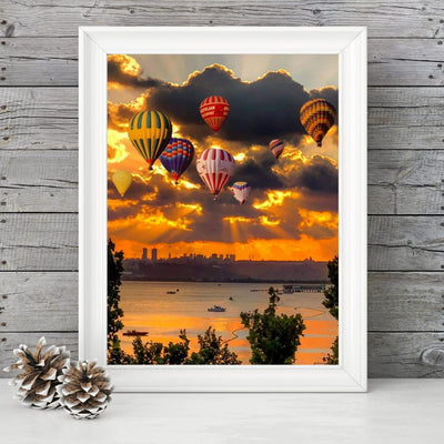Hot Air Balloons Over the Ocean- 8 x 10" Picture Print Wall Art -Ready to Frame. Cloudy Sunrise with Balloons Over the Sea. Perfect Decor for Home-Office-Classroom. Great Gift for Flight Enthusiasts!