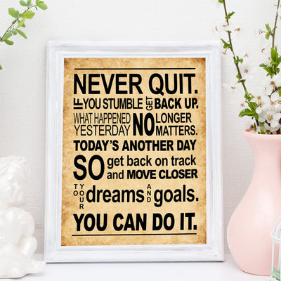 Never Quit-Get Back Up Motivational Quotes Wall Art Sign -11 x 14" Inspirational Exercise and Fitness Poster Print -Ready to Frame. Perfect Home-Gym-Weight Room Decor. Great Gift of Motivation!