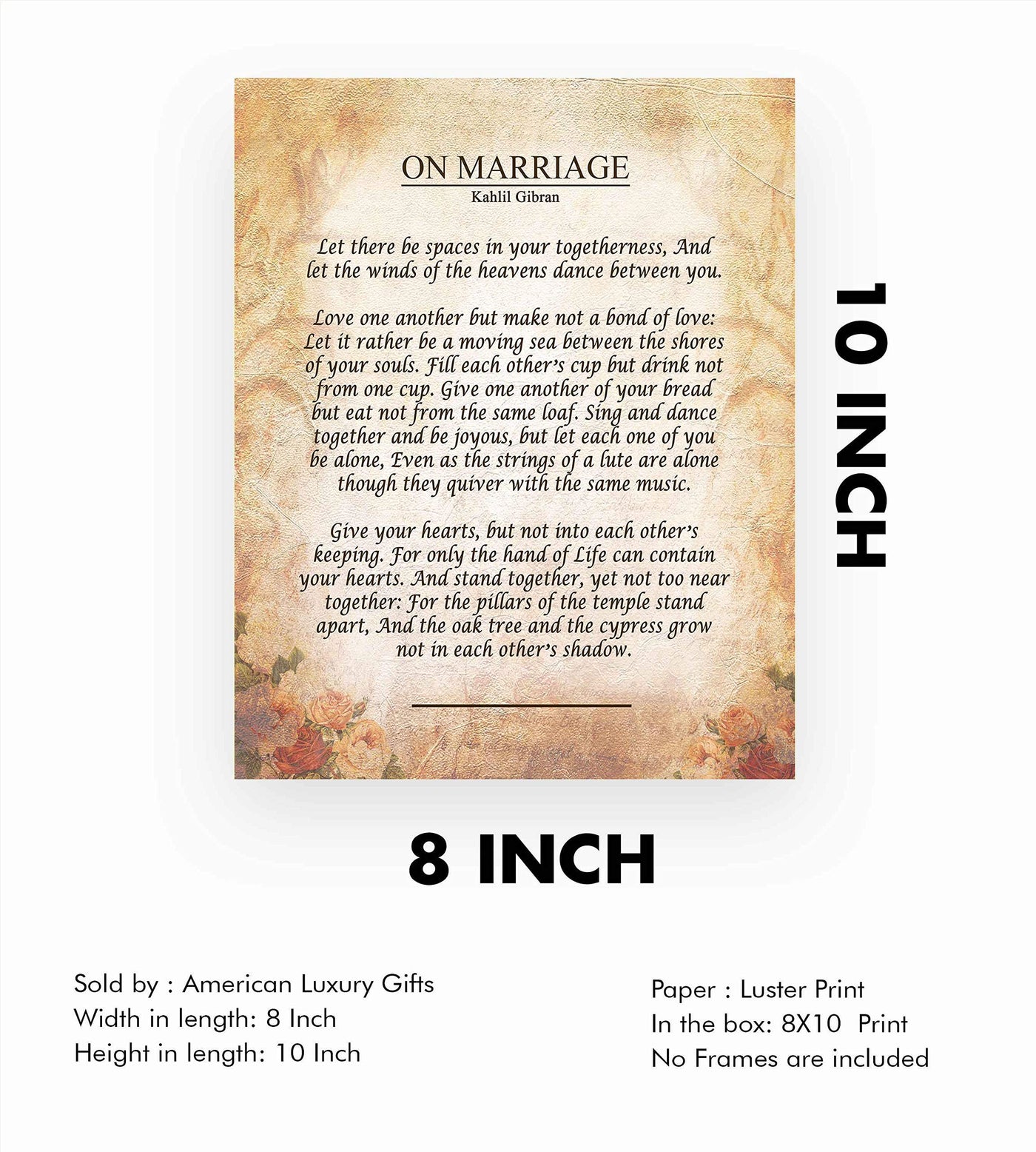 On Marriage-Kahlil Gibran Poster Print- 8 x 10"-Ready to Frame. Inspirational Wall Decor for Home-Office-Studio. Perfect Keepsake For Spouse-Life Partners-BFF. Great Engagement-Bridal-Wedding Gift.