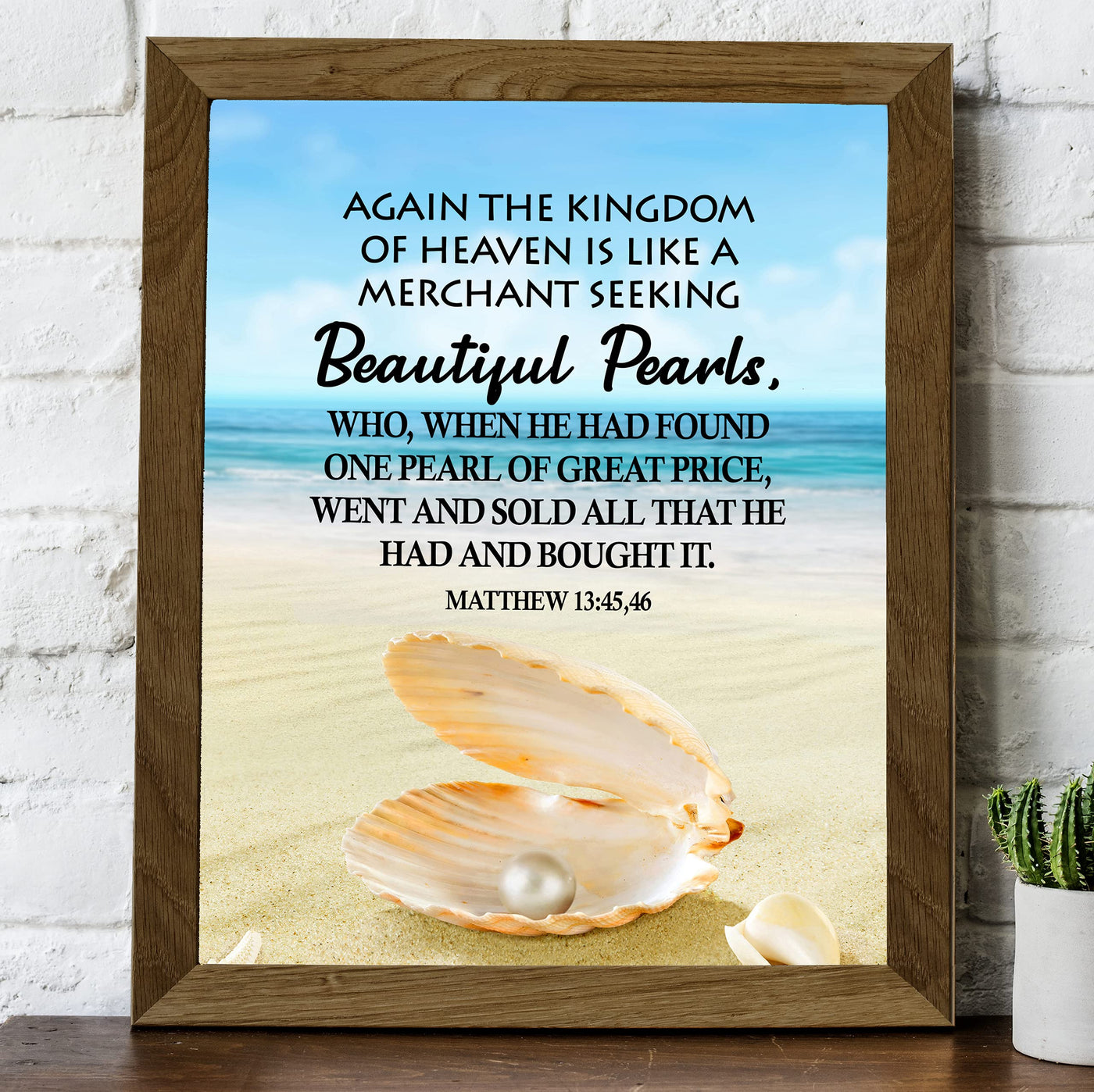 Kingdom of Heaven-Like Seeking Beautiful Pearls-Bible Verse Wall Art-8 x 10"-Christian Beach Print w/Clam Shell Image-Ready to Frame. Scripture Print for Home-Office-Church Decor! Matthew 13:45-46.