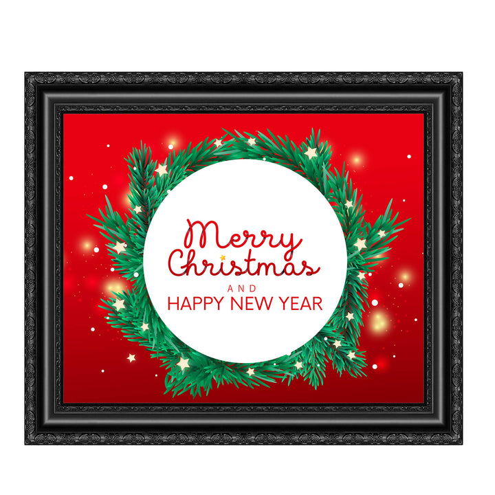Merry Christmas &amp; A Happy New Year Holiday Decor Wall Art -10 x 8" Modern Christmas Wreath Art Print-Ready to Frame. Festive Home-Kitchen-Farmhouse Decor. Perfect Welcome Sign-Winter Decoration!