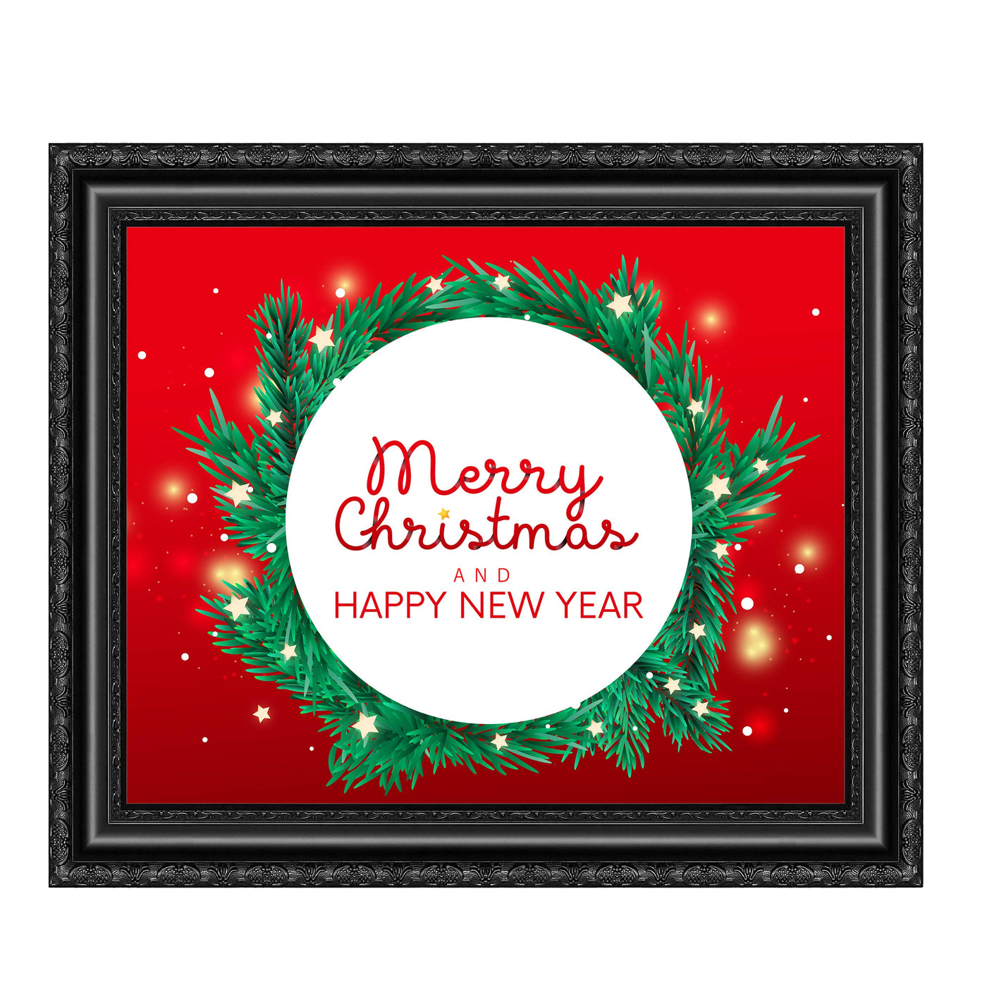 Merry Christmas & A Happy New Year Holiday Decor Wall Art -10 x 8" Modern Christmas Wreath Art Print-Ready to Frame. Festive Home-Kitchen-Farmhouse Decor. Perfect Welcome Sign-Winter Decoration!