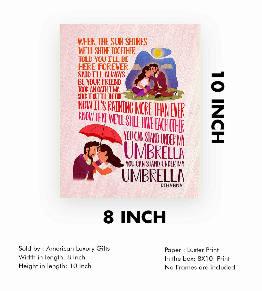 Rihanna-"You Can Stand Under My Umbrella"-Song Lyric Wall Art-8 x 10" Music Poster Print-Ready to Frame. Contemporary R&amp;B-Pop Decor for Home-Office-Studio-Dorm. Great Romantic Gift for Rihanna Fans!