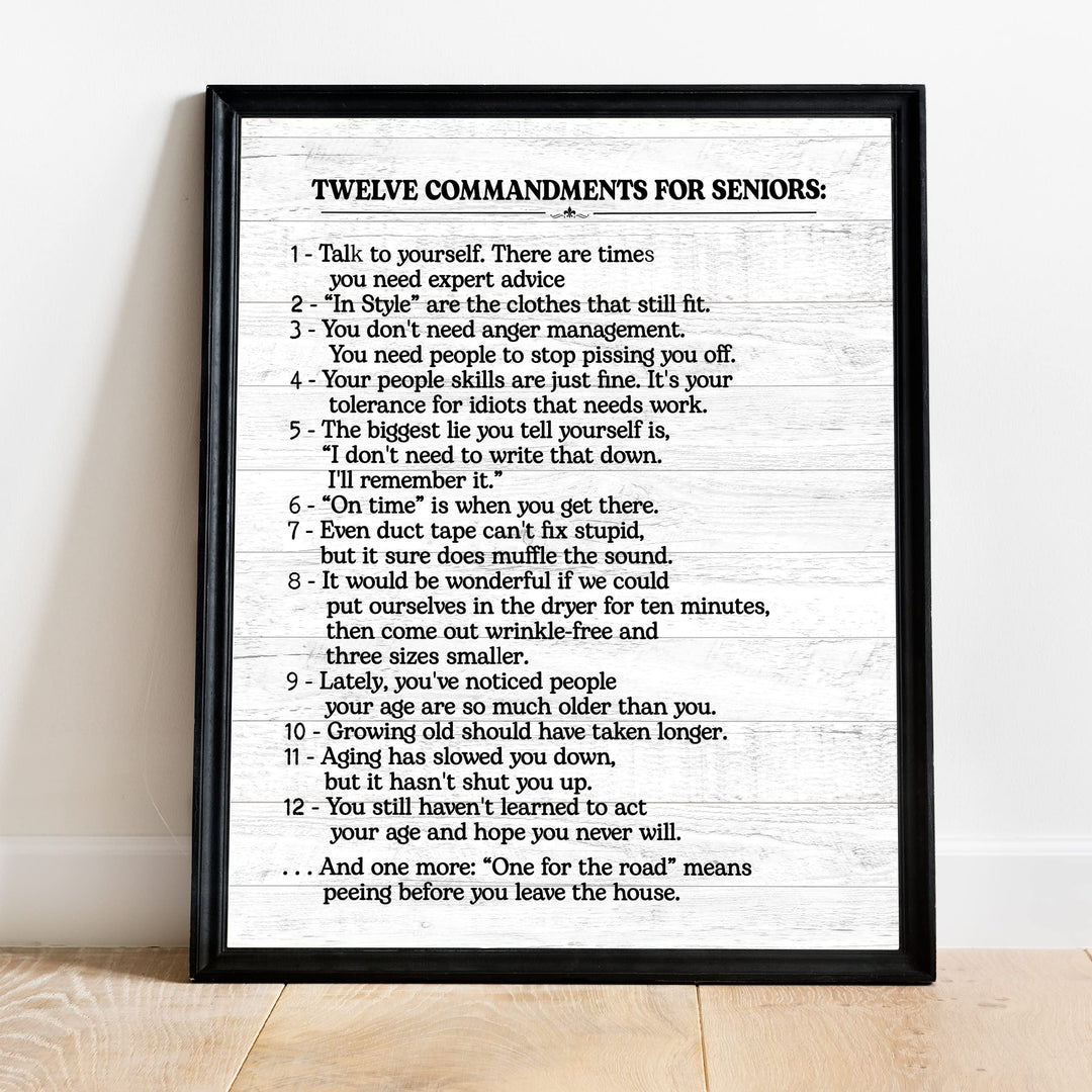 12 Commandments for Seniors Funny Inspirational Quotes -11 x 14" Vintage Sayings Wall Art Print -Ready to Frame. Rustic Wood Design Decor. Home-Kitchen-Office-Patio &amp; Gifts! Printed on Photo Paper.