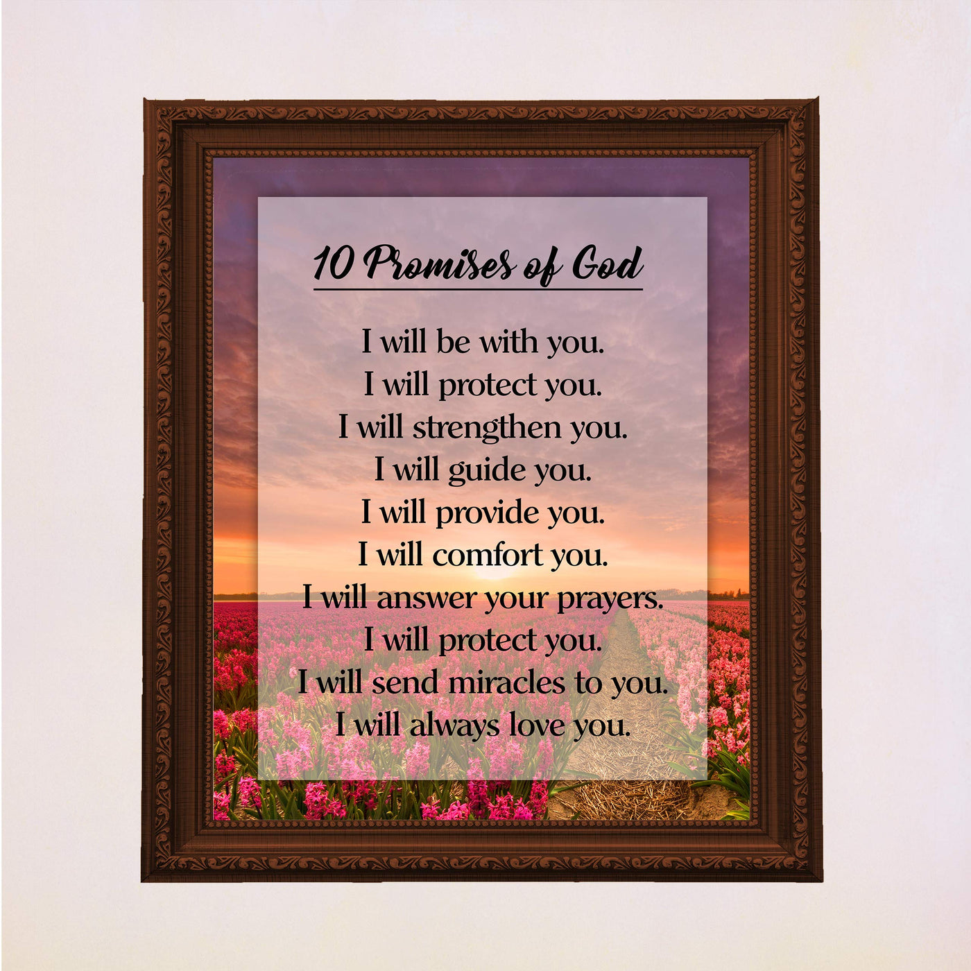 10 Promises of God Motivational Christian Wall Art -11 x 14" Floral Sunrise Print-Ready to Frame. Typographic Design. Inspirational Home-Office-Church-School Decor. Great Religious Gift of Faith!