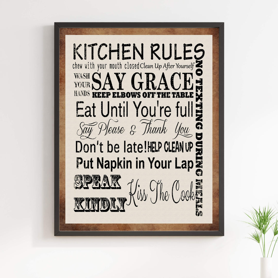 Kitchen Rules for Good Manners- Funny Kitchen Sign- 11 x 14" Humorous Typographic Wall Art Print-Ready to Frame. Perfect Home Decor &amp; Kitchen Decor. Fun Reminders to Inspire Good Table Manners!