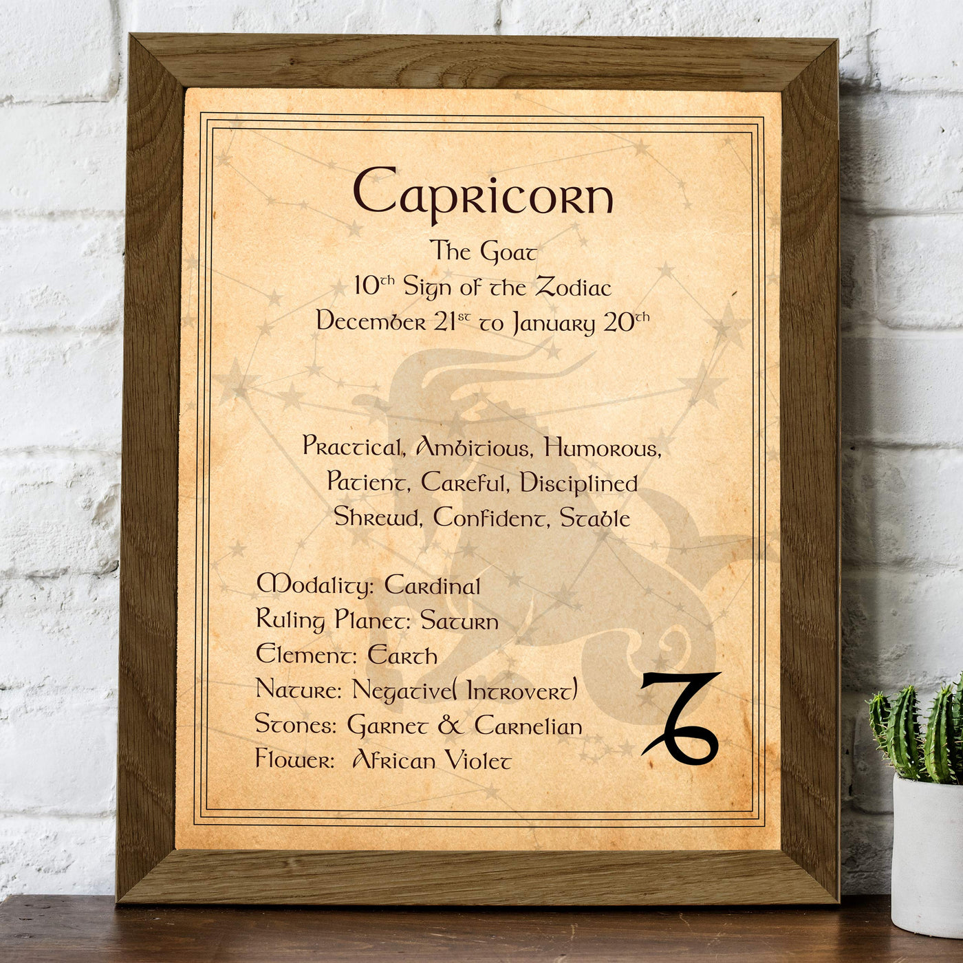 Capricorn-The Goat- Zodiac Sign Wall Art. 8 x 10" Print Wall Print-Ready to Frame. Constellation Design-Astrology Decor for Home-Office-Bedroom. Horoscope's Adjectives-Primary Elements. Great Gift!