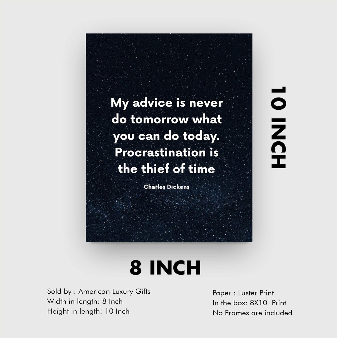 Charles Dickens-"Procrastination Is the Thief of Time"-Motivational Quotes Wall Print-8 x 10" Inspirational Starry Night Print-Ready to Frame. Classic Decor for Home-Office-Studio-Classroom-Dorm!