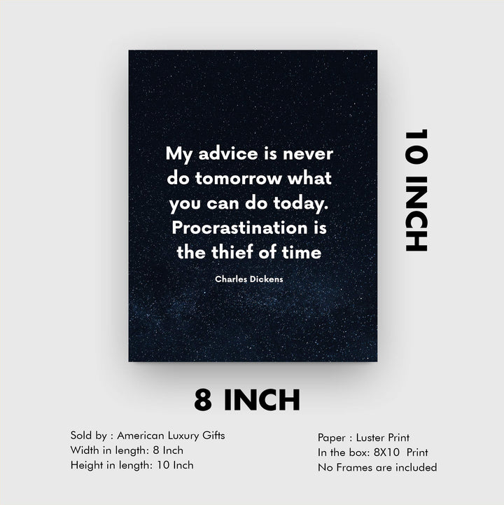 Charles Dickens-"Procrastination Is the Thief of Time"-Motivational Quotes Wall Print-8 x 10" Inspirational Starry Night Print-Ready to Frame. Classic Decor for Home-Office-Studio-Classroom-Dorm!