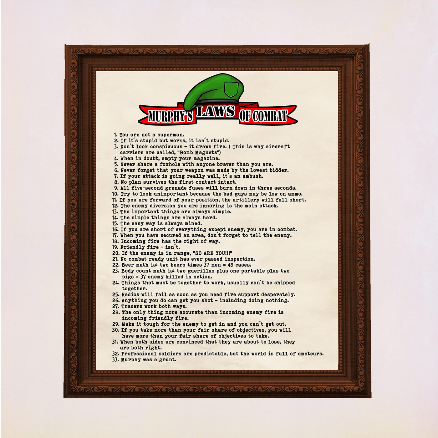 Murphy's Laws of Combat-Funny Military Wall Art Sign -11 x 14" Replica Distressed Patriotic Print-Ready to Frame. Home-Office-Military-Shop-Man Cave Decor. Perfect Gift for Veterans & All Soldiers!