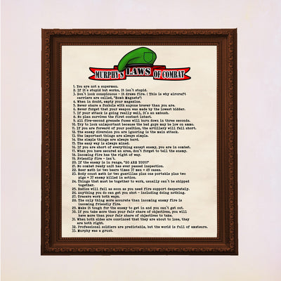 Murphy's Laws of Combat-Funny Military Wall Art Sign -11 x 14" Replica Distressed Patriotic Print-Ready to Frame. Home-Office-Military-Shop-Man Cave Decor. Perfect Gift for Veterans & All Soldiers!