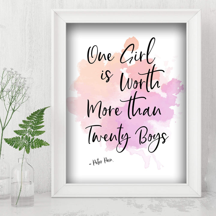 Peter Pan Quotes Wall Art-"One Girl Is Worth Twenty Boys" -8 x 10" Inspirational Typographic Art Print-Ready to Frame. Perfect Decor for Home-Bedroom-Nursery. Great Gift for All Disney Fans!