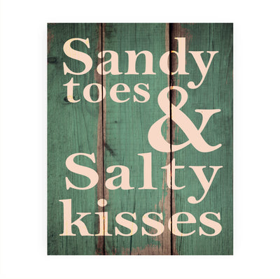 Sandy Toes & Salty Kisses Fun, Rustic Beach House Sign -8 x 10" Ocean Themed Wall Print w/Replica Wood Design -Ready to Frame. Perfect Home-Cabin-Nautical-Coastal Decor. Printed on Photo Paper.