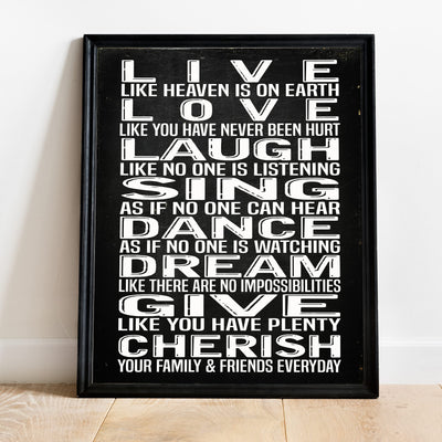 Live Laugh Love Sing-Happy Life Rules Sign -11 x 14" Typographic Farmhouse Wall Art Print-Ready to Frame. Rustic Home-Office-Studio-School-Dorm Decor. Great Positive Advice! Printed on Photo Paper.