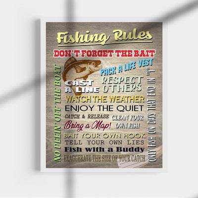 Fishing Rules-Don't Forget the Bait Rustic Fishing Wall Art Sign-11 x 14" Distressed Wood Replica Print-Ready to Frame. Perfect Wall Decor for Home-Office-Cabin-Lodge-Lake. Great Father's Day Gift!