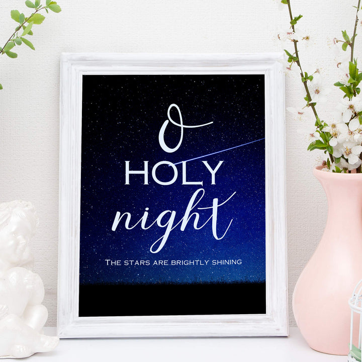 O Holy Night Christmas Song Wall Art -11 x 14" Christian Holiday Poster Print-Ready to Frame. Typographic w/Starry Night Design. Home-Welcome-Kitchen-Farmhouse Decor. Great Religious Gift!