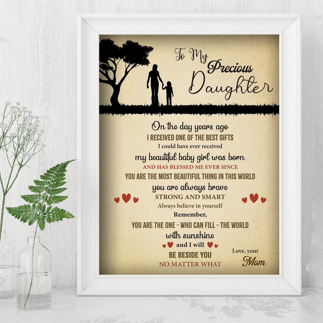 To My Precious Daughter -Love Mom Inspirational Family Wall Art -8 x 10" Rustic Mom &amp; Daughter Silhouette Print -Ready to Frame. Home - Girls Bedroom Decor. Loving, Keepsake Gift for All Daughters!