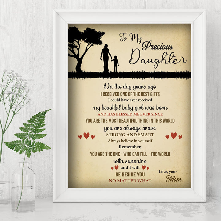To My Precious Daughter -Love Mom Inspirational Family Wall Art -8 x 10" Rustic Mom &amp; Daughter Silhouette Print -Ready to Frame. Home - Girls Bedroom Decor. Loving, Keepsake Gift for All Daughters!