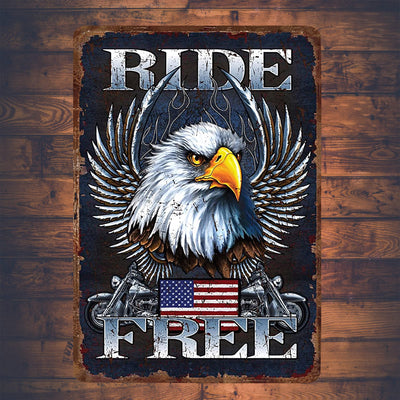 Ride Free Metal Wall Art Vintage Motorcycle Sign -8 x 12 Inch Rustic Patriotic American Eagle Garage Sign for Bar, Man Cave, Shop - Retro Tin Biker Sign -Great Gift for Home, Outdoor Decor!