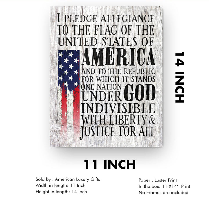 Pledge of Allegiance Patriotic Wall Decor -11 x14" Rustic American Flag Print -Ready to Frame. Inspirational Home-Office-School-Cave-Military Decor. Display Your Patriotism! Printed on Photo Paper.