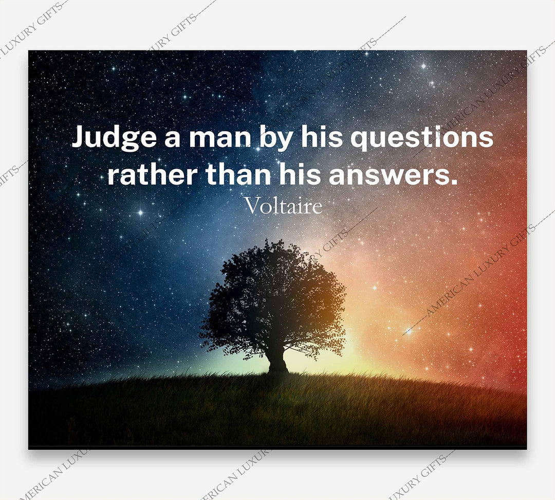 Voltaire Quotes Wall Art-"Judge A Man By His Questions"-10x8" Starry Night Typographic Print-Ready to Frame. Inspirational Home-Office-Classroom-Library Decor. Great Gift of Philosophy &amp; Inspiration!