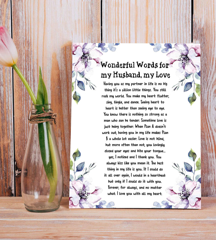 Wonderful Words for My Husband, My Love- Romantic Poem Wall Art Print- 8 x 10" Floral Typographic Print-Ready to Frame. Perfect for Spouses, Newlyweds, &amp; BFF&