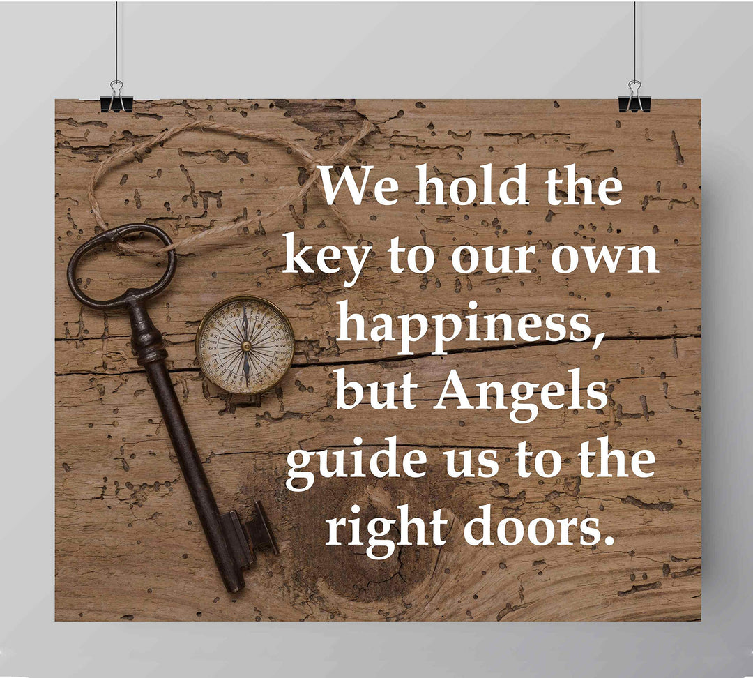 We Hold the Keys-Angels Guide Us to the Right Doors-Inspirational Wall Print-10 x 8" Spiritual Wall Art Sign with Key &amp; Compass Image-Ready to Frame. Christian Decor for Home-Office-School-Church!