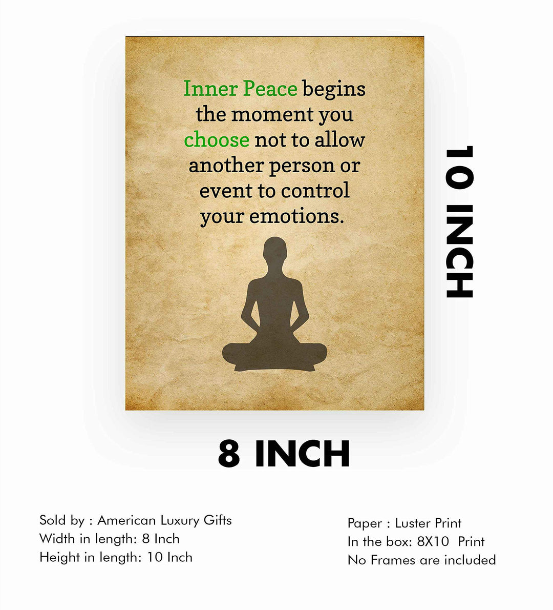 ?Inner Peace Begins?-Spiritual Wall Art -8 x 10" Distressed Parchment Print with Yoga Pose Image -Ready to Frame. Inspirational Home-Studio-Office-Meditation-Zen Decor. Perfect Life Lesson for All!