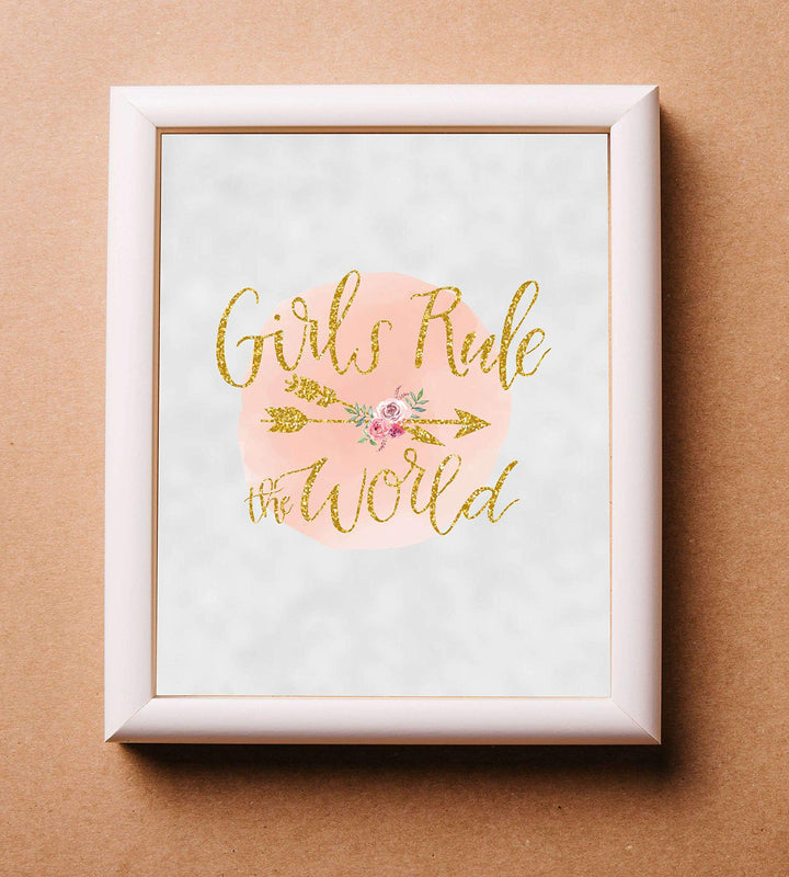 Girls Rule The World- 8 x 10"- Inspirational Wall Art- Ready to Frame. Gold Glitter-Floral Design Print- Home-Bedroom-Office D?cor. Perfect Fun Gift To Encourage Girls, Young Ladies &amp; Teens.