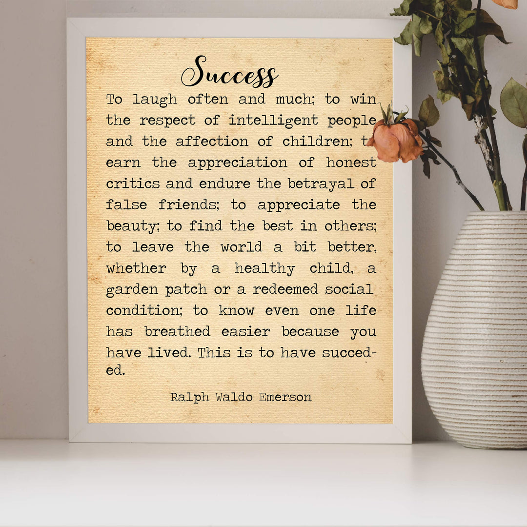 Success-To Laugh Often and Much-Ralph Waldo Emerson Poem Page Print- 8 x 10" Poetic Wall Art. Distressed Parchment Print-Ready To Frame. Home-Office-Study-School Decor. Great Gift for Poetry Fans!
