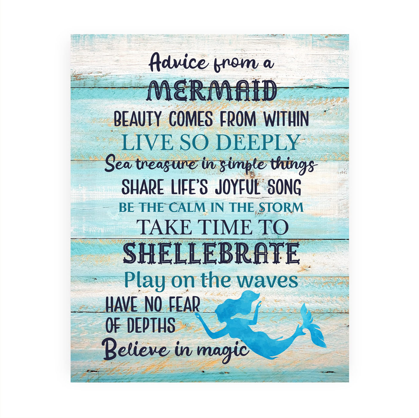 Advice From a Mermaid Inspirational Beach Wall Decor -8 x 10" Rustic Ocean Themed Art Print w/Distressed Wood Design -Ready to Frame. Home-Girls Bedroom-Nautical Decor. Perfect for the Beach House!