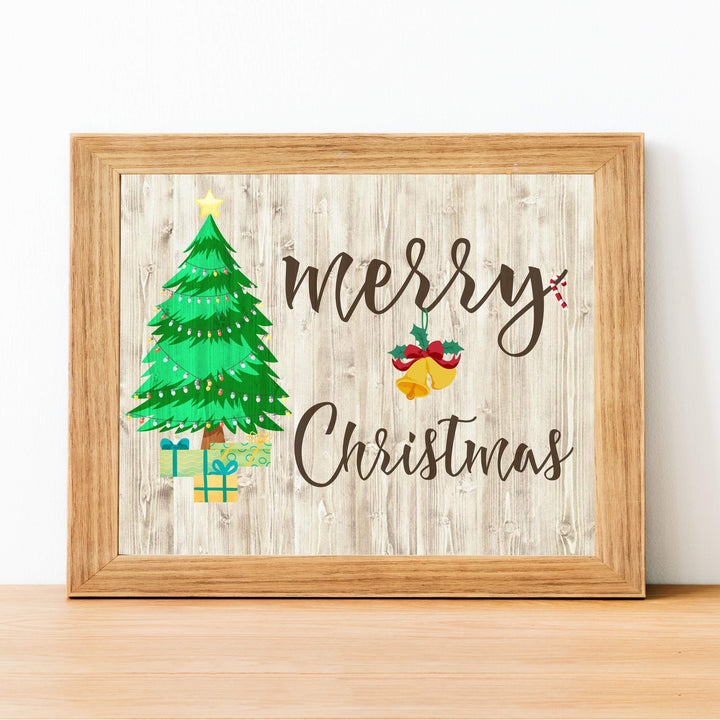 Merry Christmas Rustic Holiday Wall Decor -14 x 11" Festive Winter Art Print with Christmas Tree Image-Ready to Frame. Home-Kitchen-Farmhouse-Welcome Decor. Great Christian Gift! Printed on Paper.