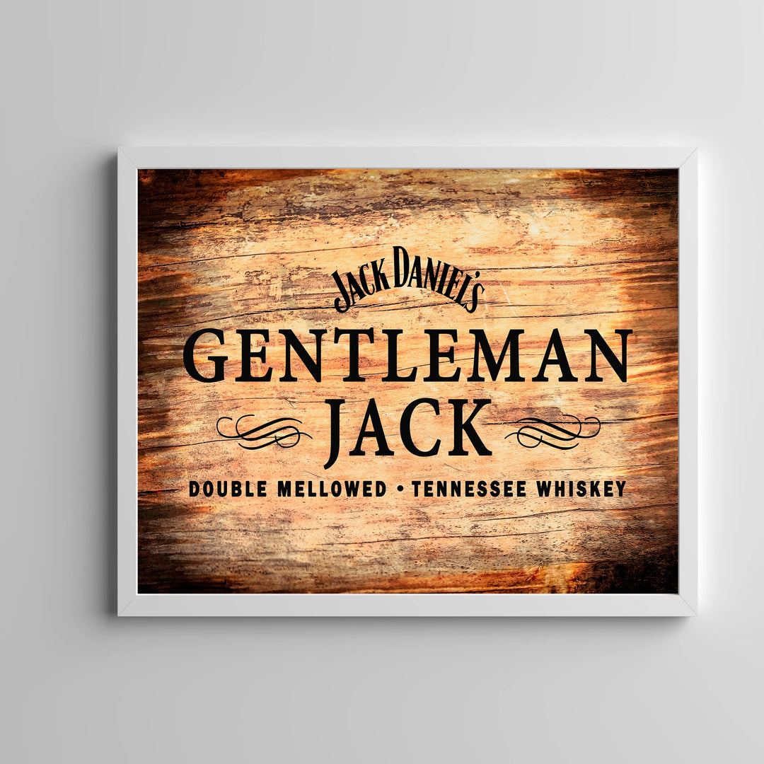"Gentleman Jack"- Tennessee Bourbon Whiskey Wall Art - Rustic Wood Design Alcohol Print -Ready to Frame. Home-Kitchen-Bar-Man Cave Decor. Great Gift for All Liquor Drinkers!