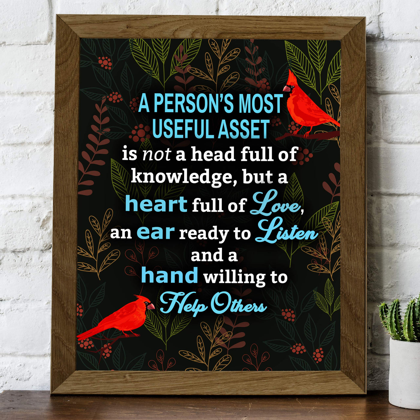 A Person's Most Useful Asset Inspirational Quotes Wall Art -8 x 10" Abstract Floral Print w/Cardinal Birds-Ready to Frame. Positive Home-Office-School-Dorm Decor. Great Motivational Gift!