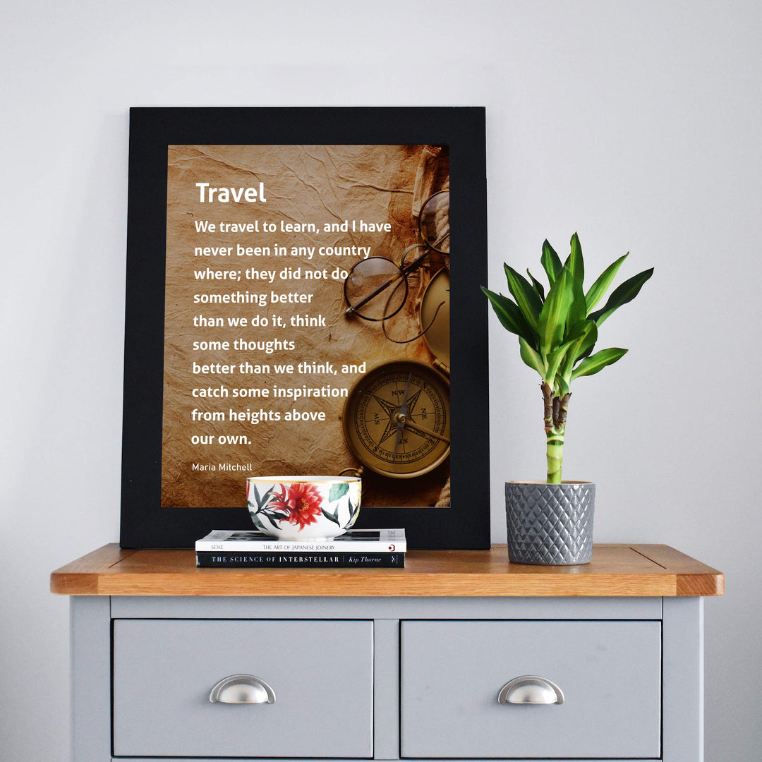 ?We Travel to Learn &amp; Catch Inspiration?-Motivational Wall Art-8x10" Typographic Distressed Parchment Print w/Compass Image-Ready to Frame. Inspirational Home-Office-Classroom-Cave-Library Decor!