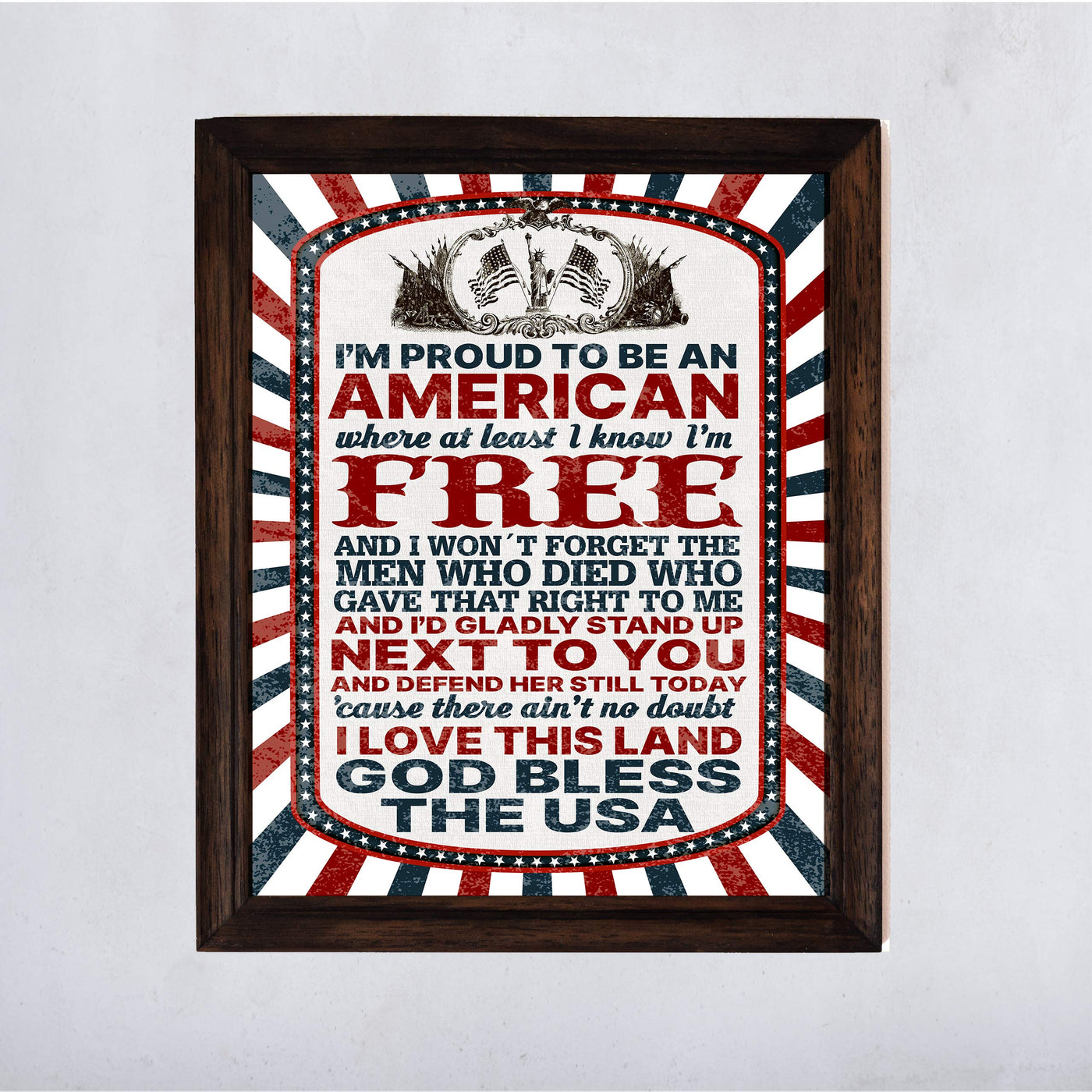 I'm Proud to Be An American-Patriotic Song Art Wall Decor -11 x 14" God Bless the USA Lyrics Print-Ready to Frame. Inspirational Home-Office-School-Garage-Cave Decor. Display Your Patriotism!