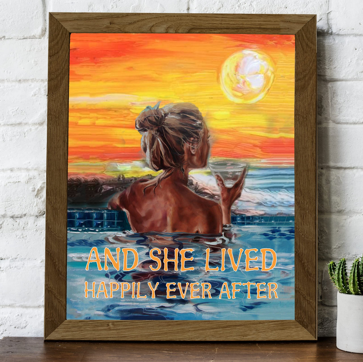 And She Lived Happily Ever After Inspirational Wall Art -8 x 10" Beautiful Tropical Sunset Painting Print -Ready to Frame. Perfect Home-Bathroom-Office-Studio-Spa Decor. Great Gift for All Women!