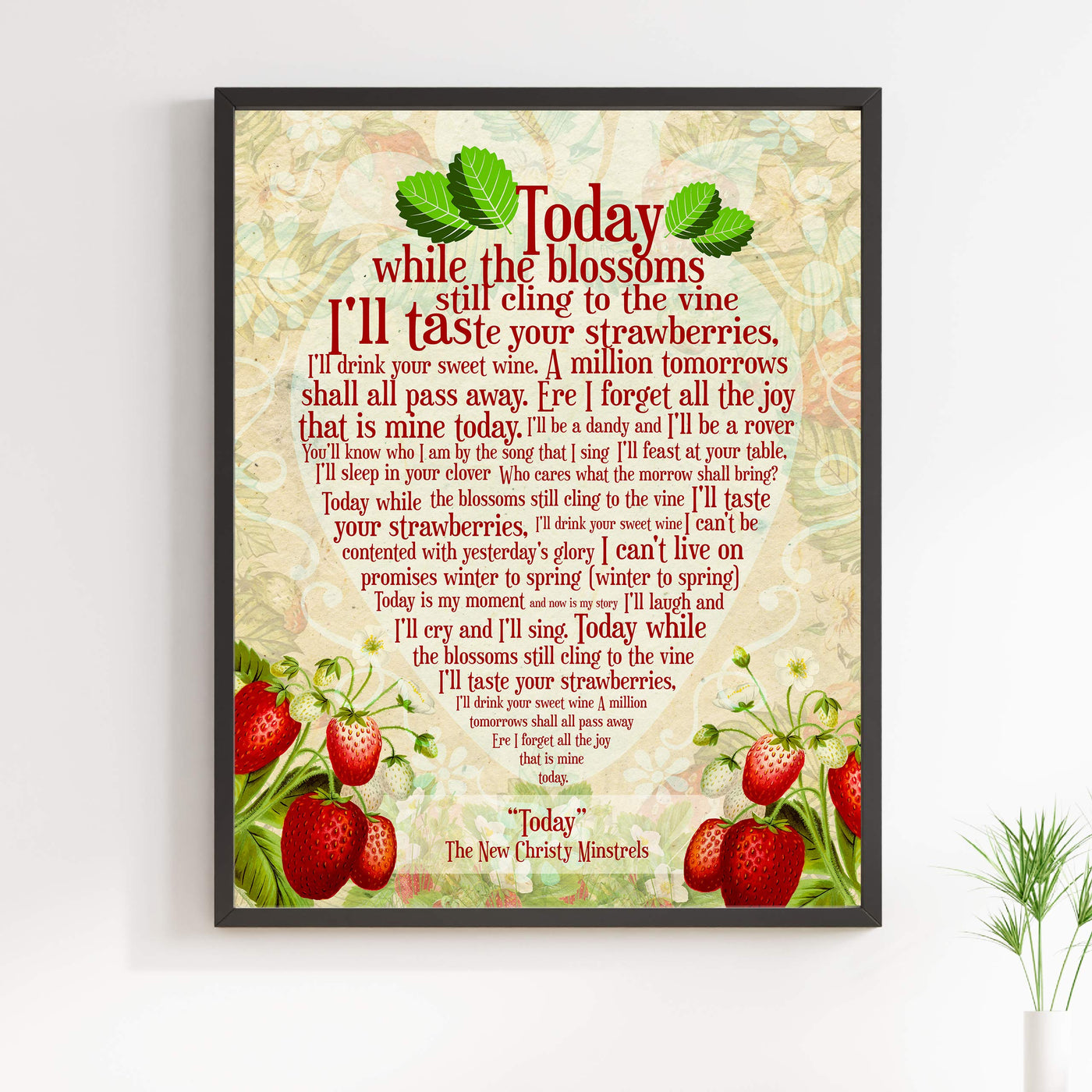 The New Christy Minstrels-"Today" Song Lyric Wall Art-11 x 14" Rustic Music Print-Ready to Frame. Typographic Strawberries Design. Home-Studio-Bar-Cave Decor. Great Gift for All Folk Music Fans!