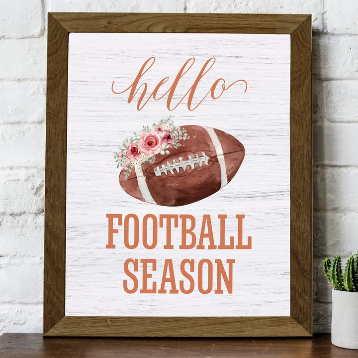 Hello Football Season- Country Rustic Fall Sports Sign- 8 x 10" Floral Wall Print- Ready to Frame. Distressed Wood Sign Replica Print. Wall Decor Perfect for Home-Office-Bar-Tailgating-Fans!