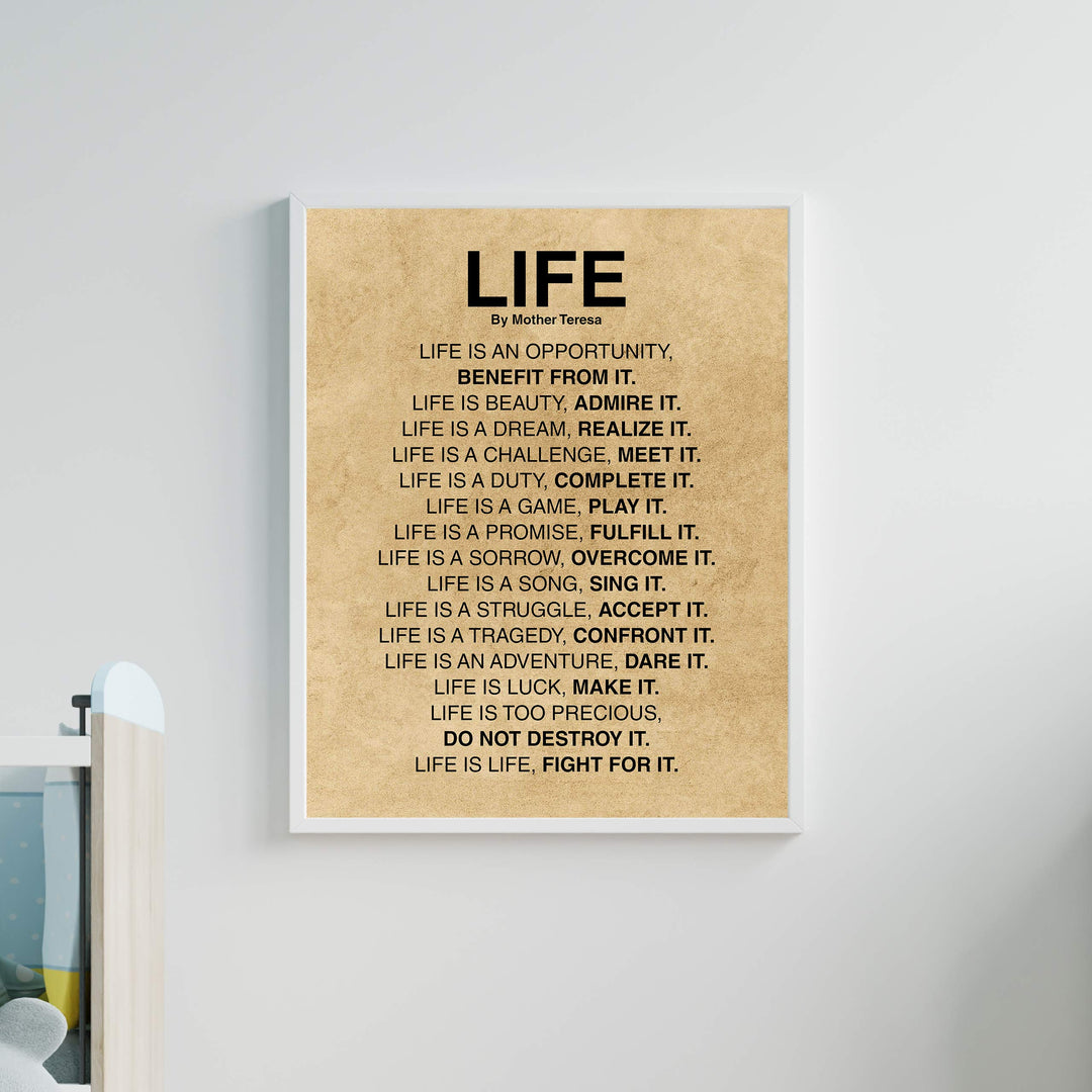 Mother Teresa Quotes-"Life Is."-Inspirational Wall Art -11x14" Distressed Parchment Print-Ready to Frame. Christian Decor for Home-Studio-Office-School Decor. Perfect Life Lessons for All!