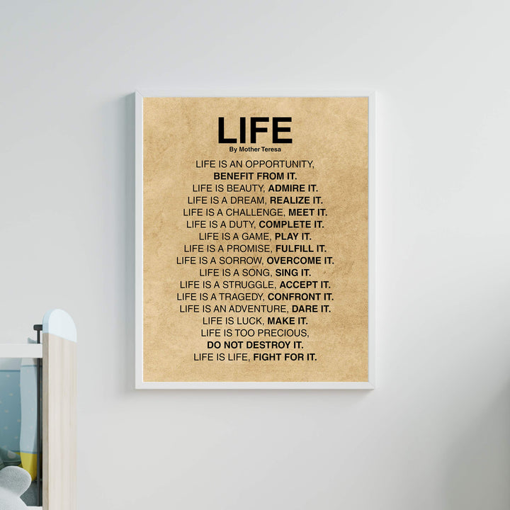 Mother Teresa Quotes-"Life Is."-Inspirational Wall Art -11x14" Distressed Parchment Print-Ready to Frame. Christian Decor for Home-Studio-Office-School Decor. Perfect Life Lessons for All!