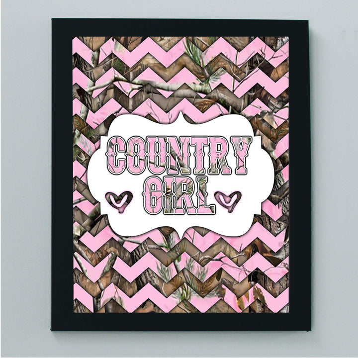 Country Girl -Rustic Inspirational Wall Art Sign -8 x 10" Western Chevron Pink Camo Print -Ready to Frame. Chic Decoration for Home-Office-Farmhouse-Dorm Decor. Cute Gift for All Southern Girls!
