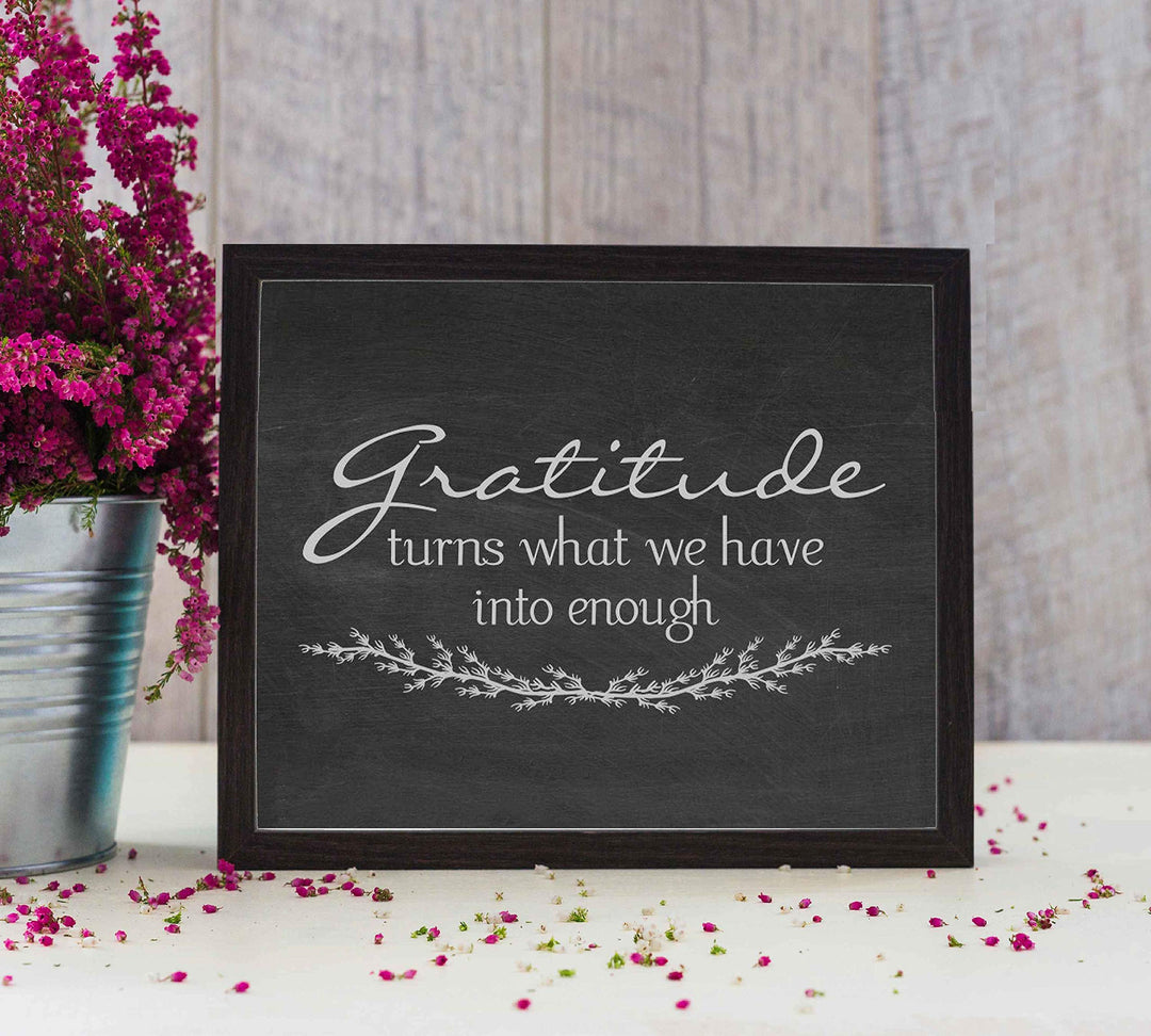 Gratitude-Turns What We Have Into Enough-Inspirational Wall Art- 10 x 8" Modern Typographic Print w/Distressed Wood Design-Ready to Frame. Home-Office-Family Room Decor. Great Positive Sign!