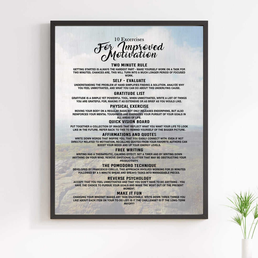 10 Exercises for Improved Motivation-11 x 14" Motivational Exercise Poster Print. Modern Inspirational Wall Art Sign- Ready to Frame. Home-Office-Gym-Studio Decor. Perfect Gift to Motivate All!