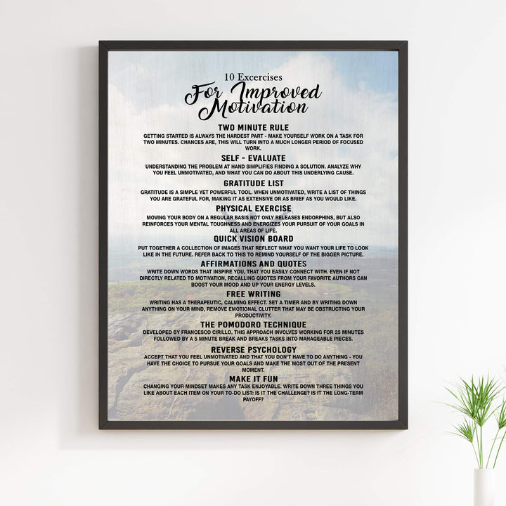 10 Exercises for Improved Motivation-11 x 14" Motivational Exercise Poster Print. Modern Inspirational Wall Art Sign- Ready to Frame. Home-Office-Gym-Studio Decor. Perfect Gift to Motivate All!