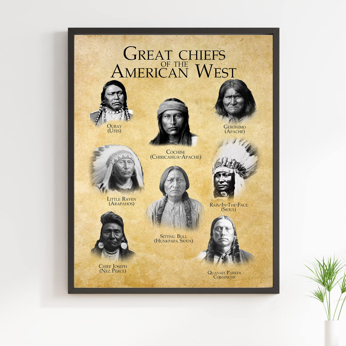 Great Chiefs of the American West Native American Indian Tribe Wall Art -11x14" Indian Chief Portrait Print -Ready to Frame. Spiritual Print w/Distressed Parchment Design. Home-Office-School Decor!