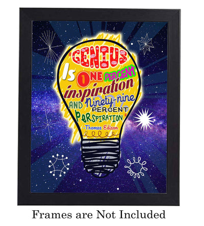 Thomas Edison-"Genius-1% Inspiration-99% Perspiration"-Motivational Quotes Wall Sign-8 x 10" Starry Night Print w/Artistic Light Bulb Image-Ready To Frame. Inspirational Home-Office-Classroom Decor!